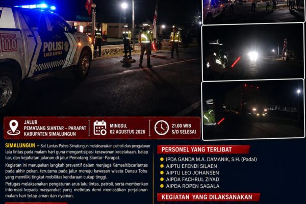 Patroli Malam di Jalur Wisata Siantar-Parapat, Sat Lantas Polres Simalungun Ciptakan Kamseltibcarlantas Tertib dan Lancar