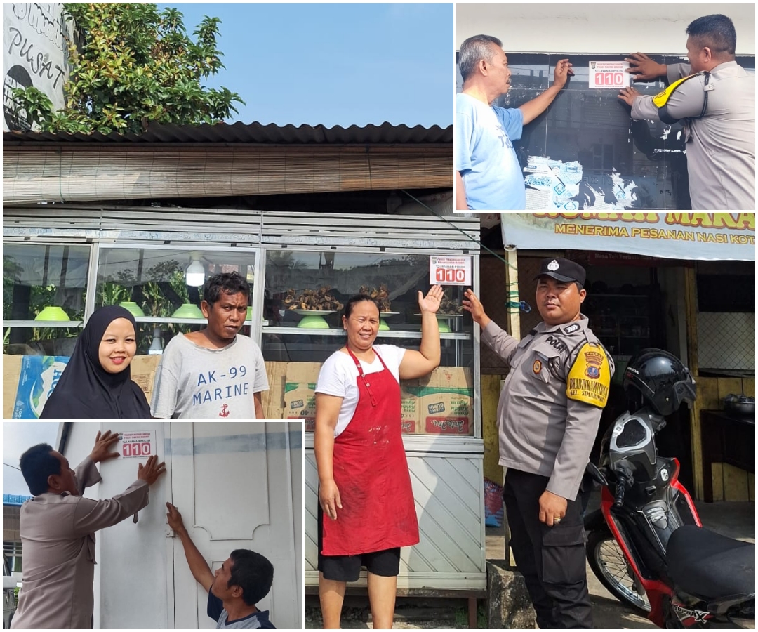 Bhabinkamtibmas Polsek Siantar Marihat Tempel Stiker Call Center 110 di Masjid, Warung, dan RM